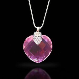 Vintage Pink Faceted Crystal Heart Pendant Sterling Silver 925 on Silver Chain